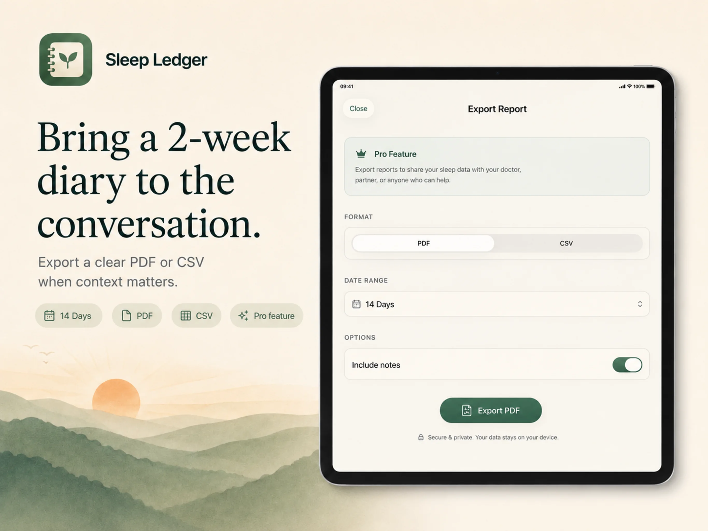 Sleep Ledger export report on iPad