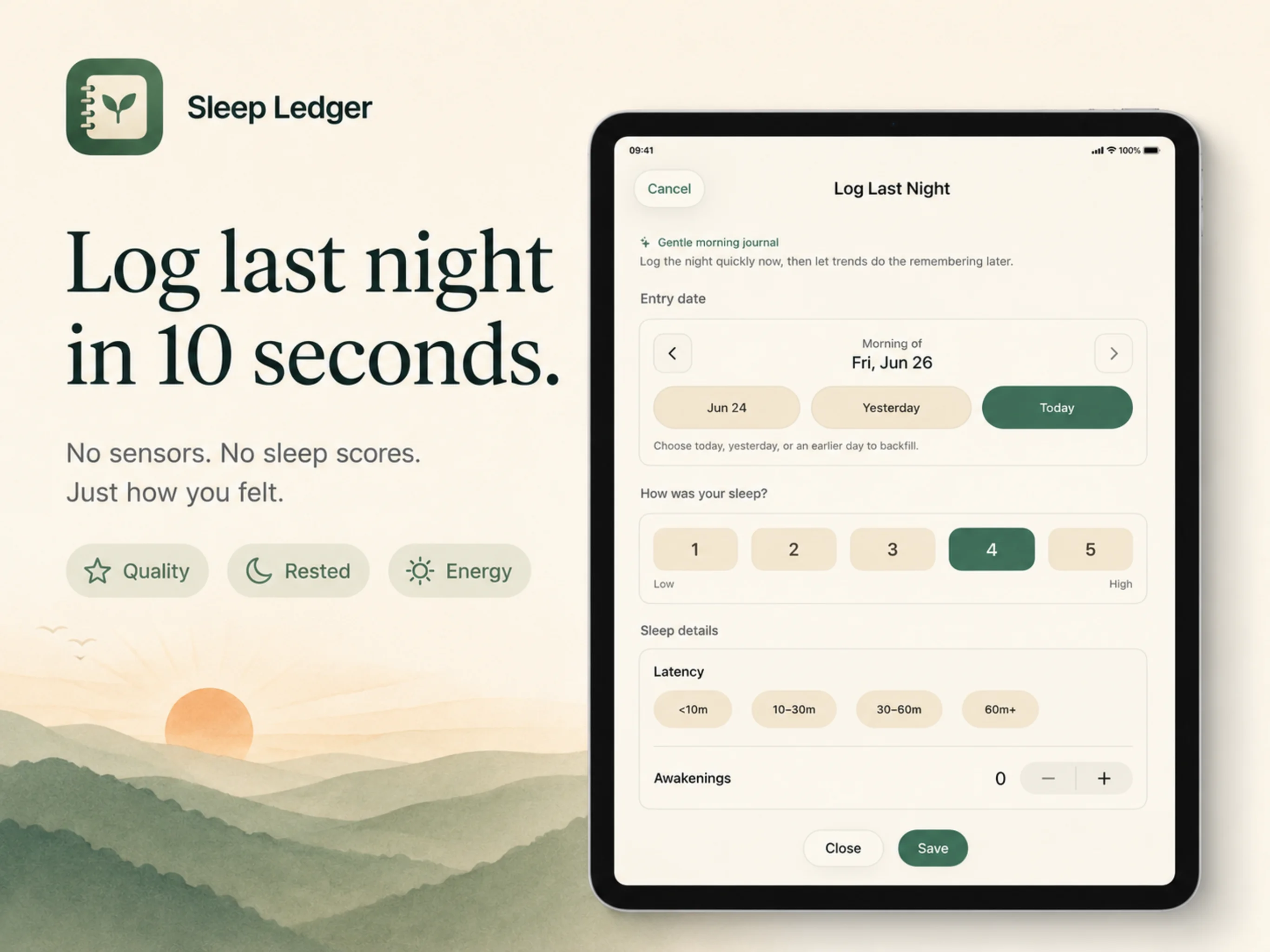 Sleep Ledger iPad App Store screenshot showing the morning check-in