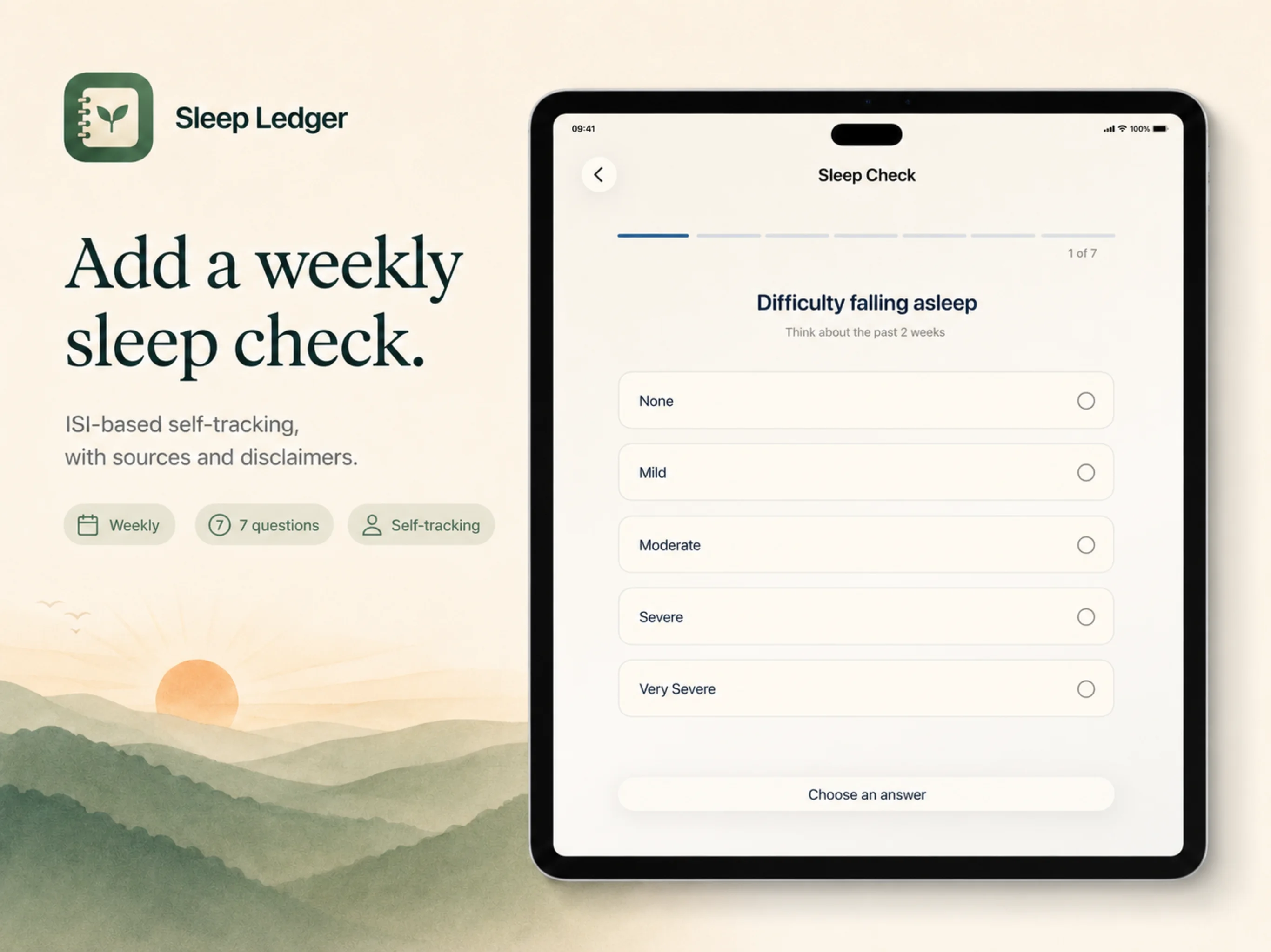 Sleep Ledger iPad App Store screenshot showing weekly sleep check structure