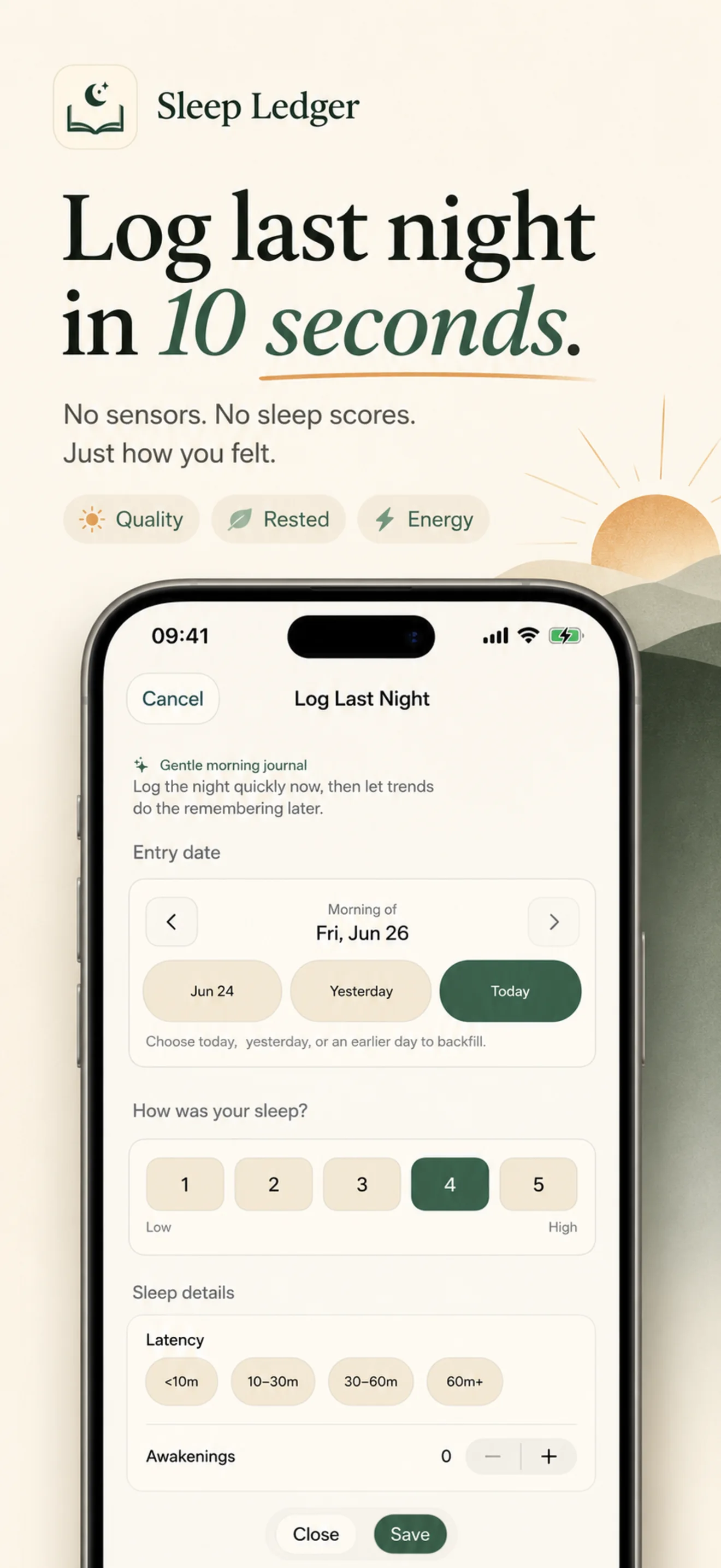 Sleep Ledger morning check-in screenshot