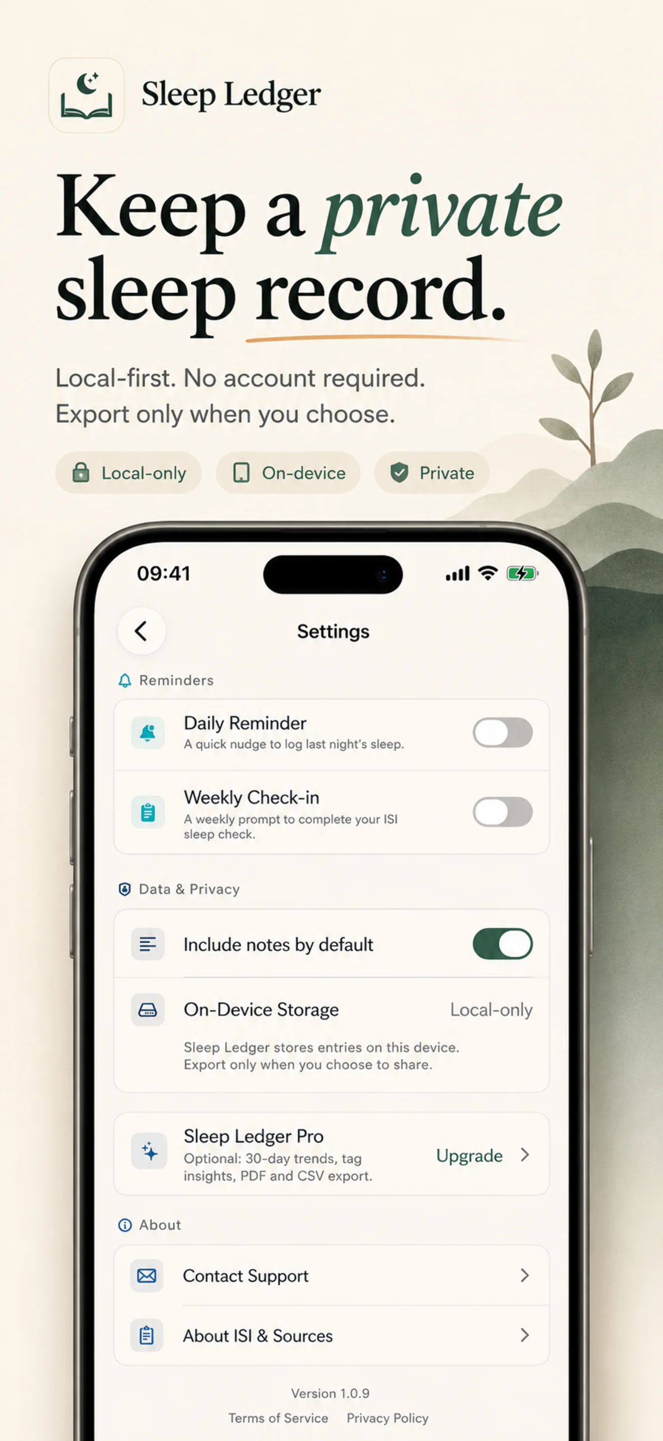 Sleep Ledger local-first privacy settings