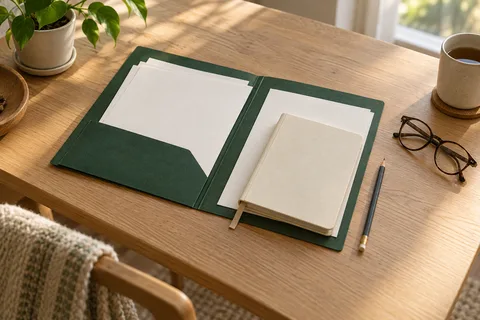 A notebook and papers in a green folder ready for an appointment