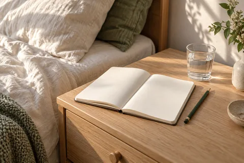 An open notebook and a glass of water beside a bed in morning light