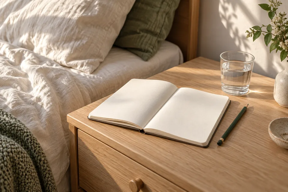 An open notebook and a glass of water beside a bed in morning light