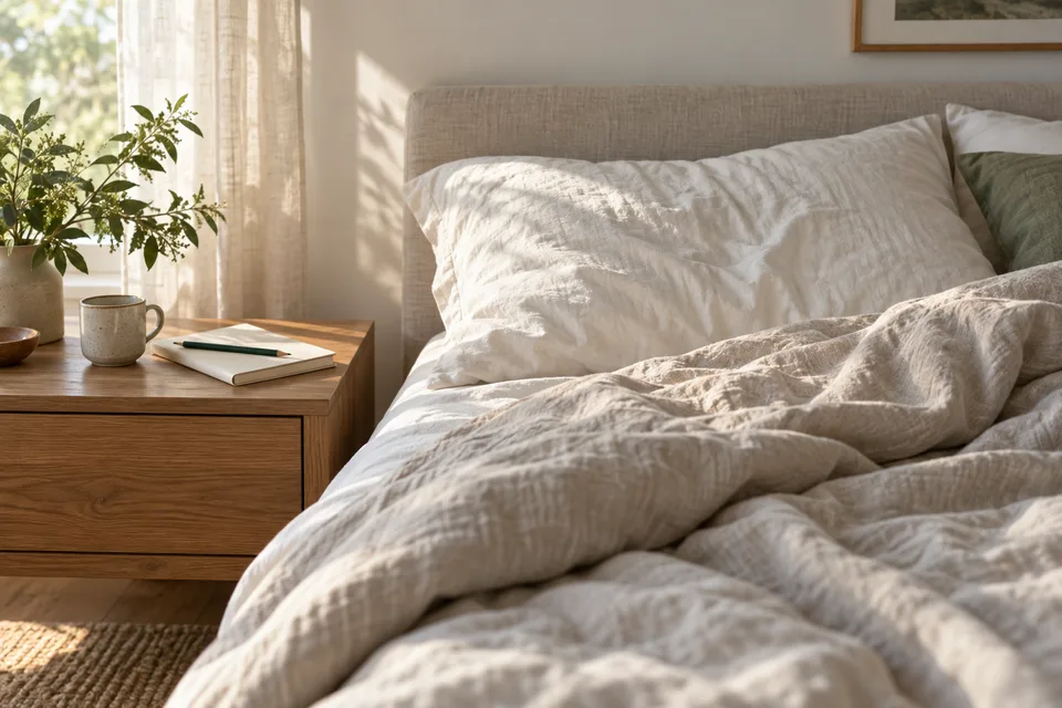 Morning light on rumpled bed linen with a notebook nearby