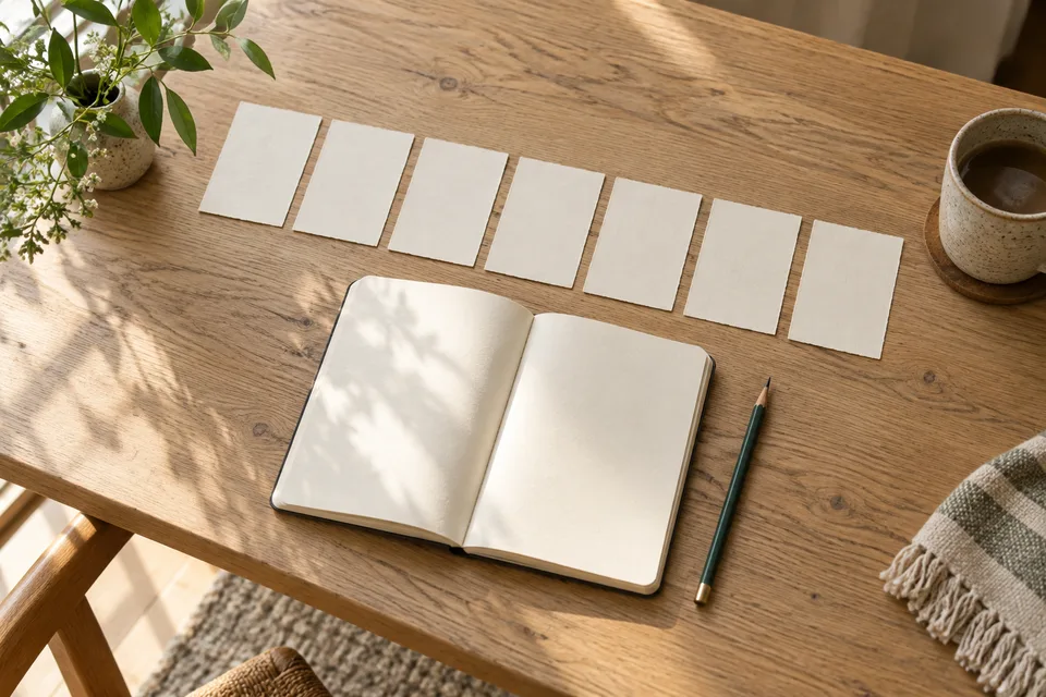 Seven paper cards and an open notebook arranged for a weekly review